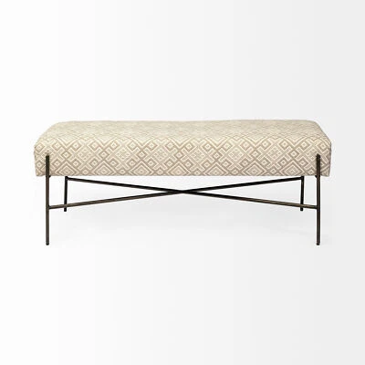 17" Cream and Black Upholstered Cotton Blend Geometric Bench - Image 1 of 4