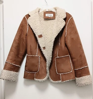 Abrigo raro Calvin Klein para mujer XS imitación gamuza forro de piel de oveja unisex excelente estado Foto 1 de 2