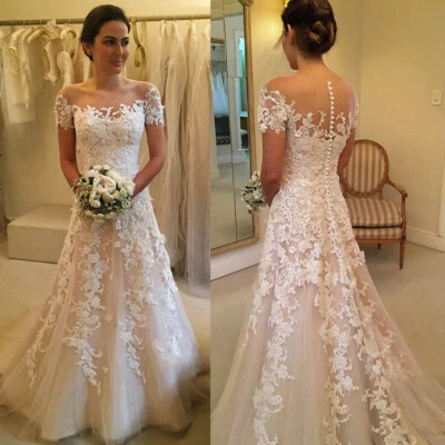 Scoop Neck Wedding Dresses Short Sleeve Appliques Buttons Back Tulle Bridal Gown - Image 1 of 4
