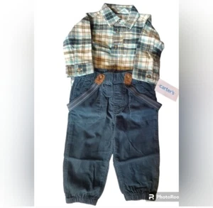 Carter's baby boy 3pc set, 9M, Nwt. Long Sleeve Plaid Matching Pants,Suspenders. - Picture 1 of 5
