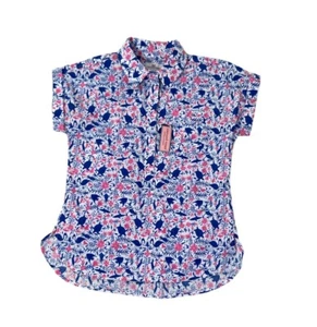 Vineyard Vines Womens See Turtle Printed Blue Pink Shirt Sz 0 100 % Cotton - Picture 1 of 7