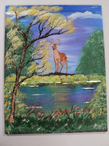 11x14 Acrylic Painting Deer Pond By Local Amateur Artist - Picture 1 of 2