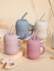 1pc 150ml/5oz Kids Portable Straw Cup, Silicone With Handle, Beginner Drinking W - Picture 1 of 7