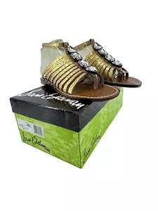 Neu im Karton Sam Edelman GOGO flache goldfarbene Leder-Gladiator-Sandalen mit Schmucksteinen Größe 6M - Bild 1 von 17