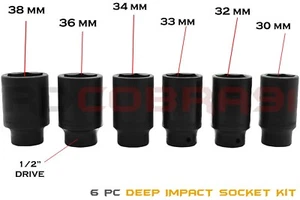 6 Pc 1/2" 6-Point Black Dive Impact Socket Kit 30mm 32mm 33mm 34mm 36mm & 38mm - Foto 1 di 3