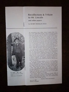 Recollections & Tribute To Mr. Lincoln and Other Papers By Henry Franklin Hole - Bild 1 von 6
