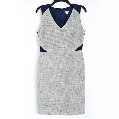 Vestido Vaina J Crew Ojales-Encaje Metálico Tweed 8 Azul Marino/Blanco Sin Mangas Foto 1 de 4