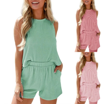 Conjunto de chalecos tops + pantalones cortos sin mangas para damas 2 piezas chándal suelto de verano ropa de salón Foto 1 de 4