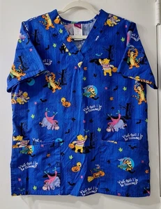 Disney Women Winnie The Pooh Halloween Scrub Top Small Tigger Eeyore Piglet Blue - Picture 1 of 16
