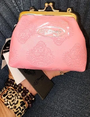 Ed Hardy Debossed Pink Coins FauxLeather Bag Kisslock Pouch On a Chain NWT Rare! - Image 1 of 4