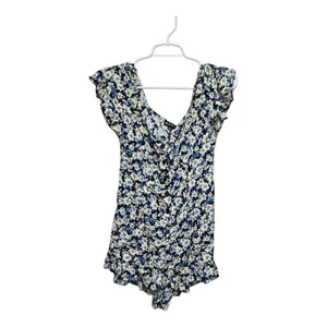 Motel Zuki Floral Romper Small Black Blue Yellow Ruffle Hem Flutter Sleeve  - Picture 1 of 8