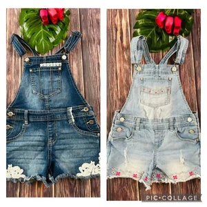 Jordache Girls Lace CrochetBlue Denim Overalls Jumpsuit Romper Shortalls M 2pc - Picture 1 of 12