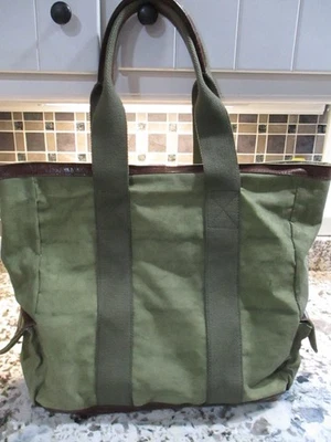 Pottery Barn Union 帆布托特包绿色棉棕色皮革装饰 — 第 1/4 张图片