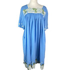 Go Softly 1X Patio Dress Womens Blue Embroidered Yellow Flowers Short Sleeve
