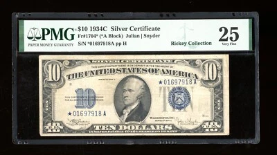 DBR 1934-C $10 Silver STAR Fr. 1704* PMG 25 Serial *01697918A - Image 1 of 2