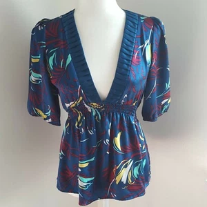 Yumi Kim kleiner Kimono Style Seide blau bunt tiefer V-Ausschnitt Gummibund - Bild 1 von 11