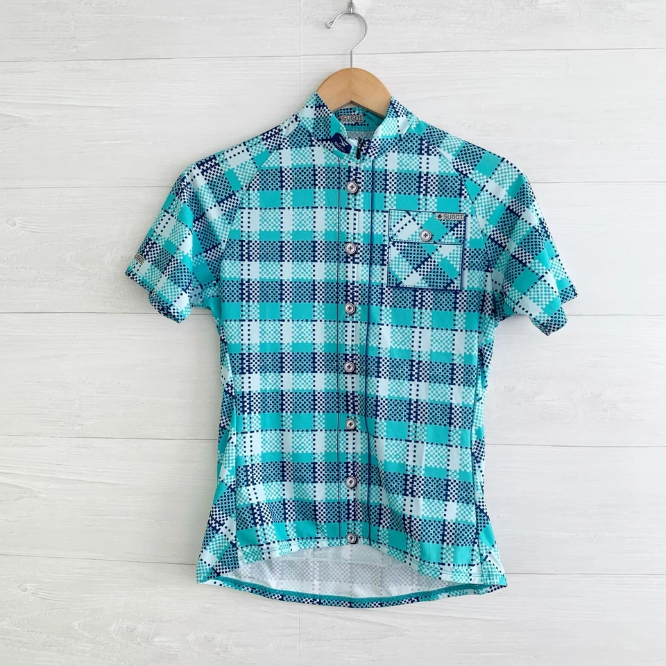 Camiseta Sugoi verde xadrez manga curta 1/2 zíper lenhaneira champanhe atrás, feminina M - Imagem 1 de 4