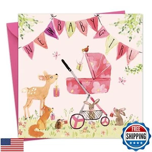 Twizler New Baby Girl Card with Pink Pram, Bunting and Woodland Animals - New - Picture 1 of 5