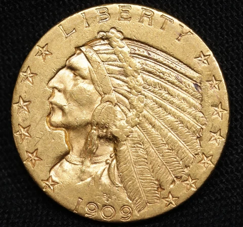 1909-D $5 Indian Head Half Eagle Gold Coin AU BU Cover