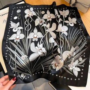 100% Silk 21" Square Scarf Women Neckerchief Wrap Kerchief Bandana Black Flowers - Picture 1 of 5