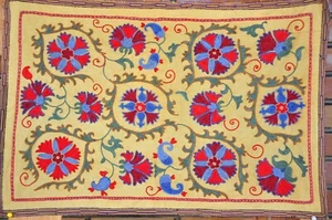 Suzani Table Runner, Uzbek Pomegranate Embroidery, Handmade, Silk/Cotton, Red - Picture 1 of 10