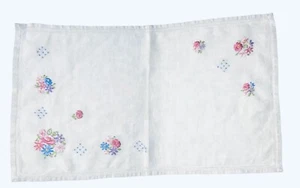 Table Runner Hand Embroidered Double Hem Stitched Pink Flowers 16.5x10 Vintage - Picture 1 of 6