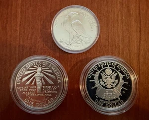 1991 MOUNT RUSHMORE  $1 SILVER DOLLAR, 1986 $1 STATUE OF LIBERTY,  1984 OLYMPIC - Picture 1 of 3