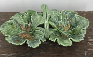 Glazed Double Cabbage Leaf Nut Candy Tidbit Dish With Handle Green Vtg - Picture 1 of 10