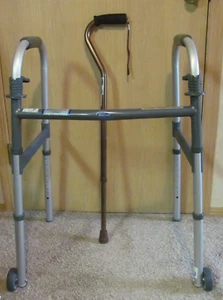 Used Invacare Folding Walker w/3” Wheels And (New) Lumex Offest Bronze Adj. Cane - Picture 1 of 17