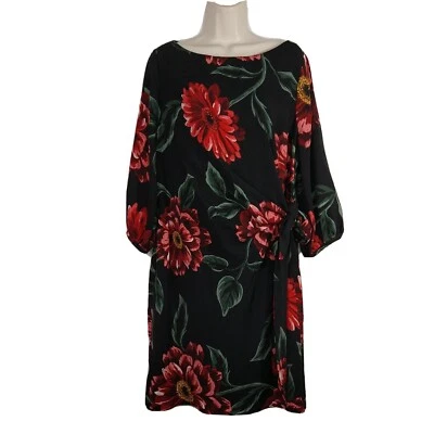 Ignite Evenings Cocktail Dress Boatneck Women Size 14W Black Red Floral FLAW  - Image 1 of 4