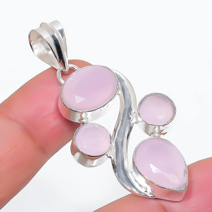 Colgante de joyería de plata de ley 925 hecho a mano con piedras preciosas de cuarzo rosa tamaño "2" Foto 1 de 1