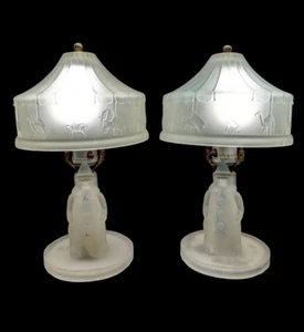 2 LE Smith Art Deco 1930s Frosted Glass Lamp Clown Circus Carousel Shade RARE - Picture 1 of 10