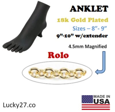 18k Gold Plated Stainless Steel Chain Women Anklet - ROLO 8"-9" w/1" extender - Image 1 of 4