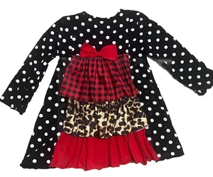 Adorable Black White Polka Dot Dress w Long Sleeves Santa XL Size 6 7 Ruffle Bow - Picture 1 of 5