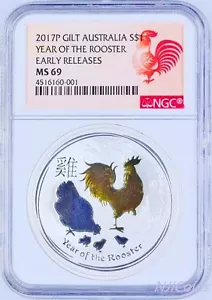 2017 P Australia GILDED Silver Lunar Year of Rooster NGC MS 69 1 oz Coin - Picture 1 of 4