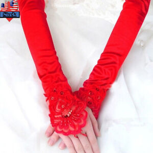 Women Bridal Lace Embroidery Wedding Party Evening Long Fingerless Gloves US