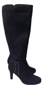 SBICCA WOMEN'S SABON HIGH HEEL BOOTS BLACK SUEDE BLACK TIE DETAIL SIDE ZIPPER 7M - Picture 1 of 23