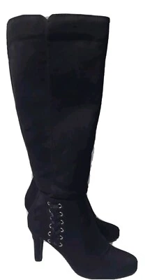 SBICCA WOMEN'S SABON HIGH HEEL BOOTS BLACK SUEDE BLACK TIE DETAIL SIDE ZIPPER 7M - Image 1 of 4