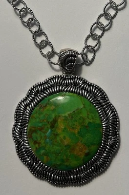 Barse Thailand Green Turquoise Pendant Necklace 18” Rope Link Adjustable; Silver - Image 1 of 4