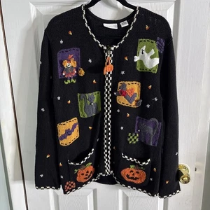 Vintage Women’s Croft & Barrow Kohls Halloween Pumpkin Cat  Beaded Zip Sweater - Picture 1 of 13