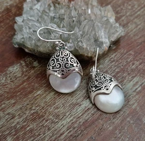 Suarti 925 Sterling Silver Earrings, Ornate White Mother Of Pearl Dangle - Picture 1 of 3