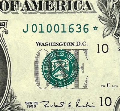 01001636* - Fancy Low Star Note Serial - GEM 1995 $1 Federal Reserve Note - Image 1 of 3