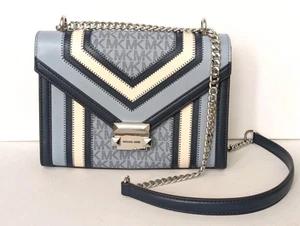 MICHAEL KORS Whitney Medium Flap Catena Cinturino Blocco Colore Blu Firma Logo - Foto 1 di 23