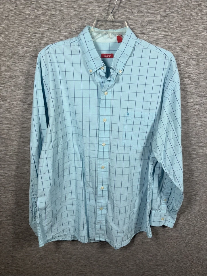 IZOD Dress Shirt Men's Blue White Checkered  Cotton Button Front Sz XL - Image 1 of 4