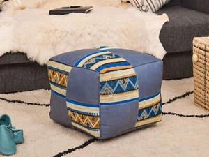 Marokkanische Handarbeit Echtleder Boho Pouf Ottomane Fußhocker Pouf Bleu - Bild 1 von 13
