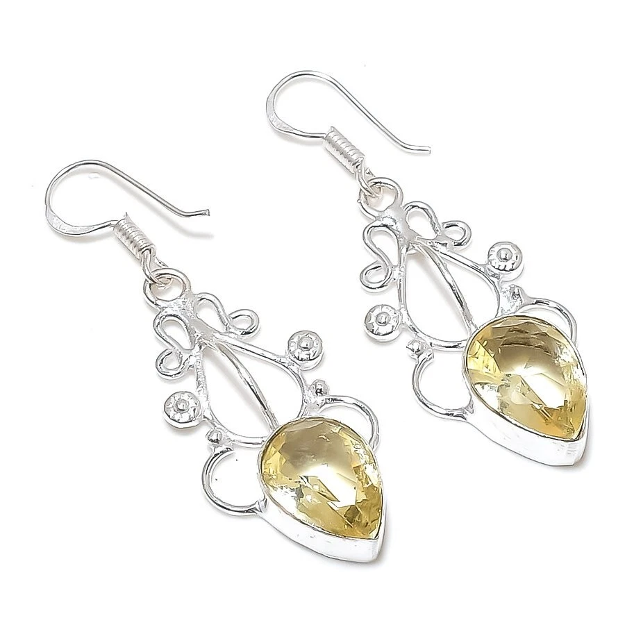 Pendiente de joyería de plata de ley 925 hecho a mano con piedras preciosas de cuarzo limón tamaño 1,9" Foto 1 de 1