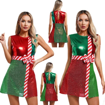 MARKENLOS DE Freebily Damen Weihnachten Kostüm Zuckerstangen Kleid Glitzer Tanzkleid Kleid