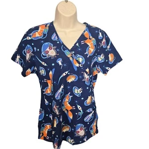 ScrubStar Blue Animals Outer Space Design Medical Scrub Top Size S - Picture 1 of 8
