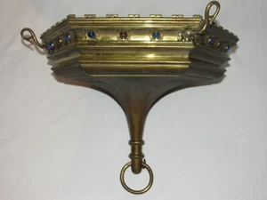 07F28 ANCIENNE SUSPENSION LUSTRE VEILLEUSE EGLISE BRONZE CABOCHON RELIGION XIXe  - Bild 1 von 10