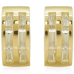 Double-Row Simulated Baguette Diamond Huggie Hoop Earrings 14K Yellow Gold - Picture 1 of 3